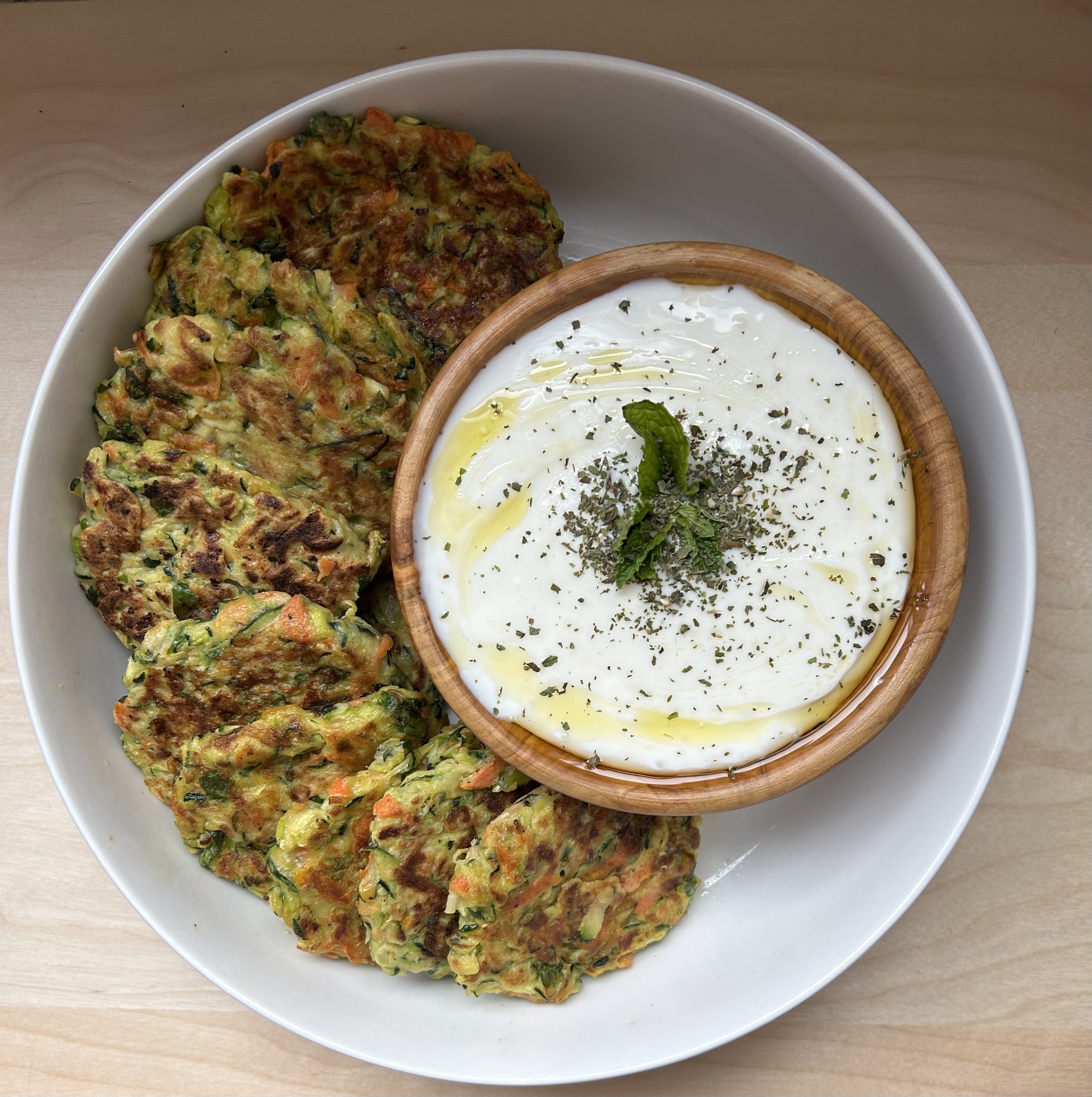 Zucchini Pancakes with Garlic Yoghurt on the side